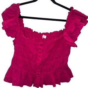 Pink Lily Ruffled Button-Front Crop Top in Magenta